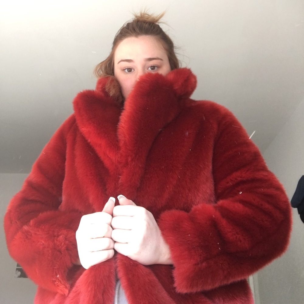 Red faux fur jacket